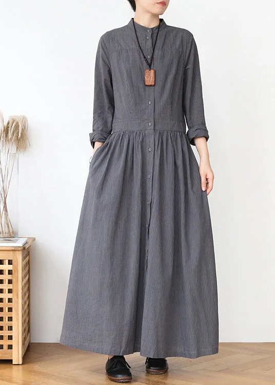 tiered dressCasual Grey Stand Collar Striped Cotton Shirts Dress Spring