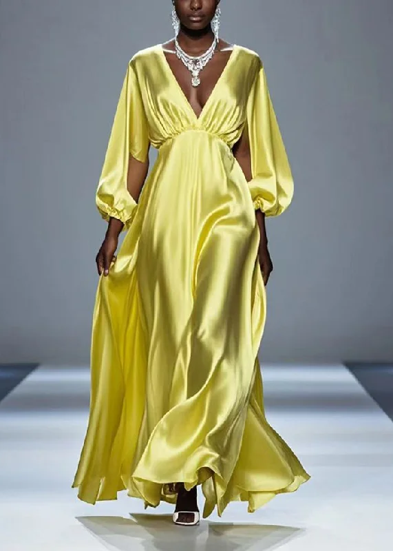 pleated dressBeautiful Yellow Hollow Out Draping Silk Party Dresses Spring