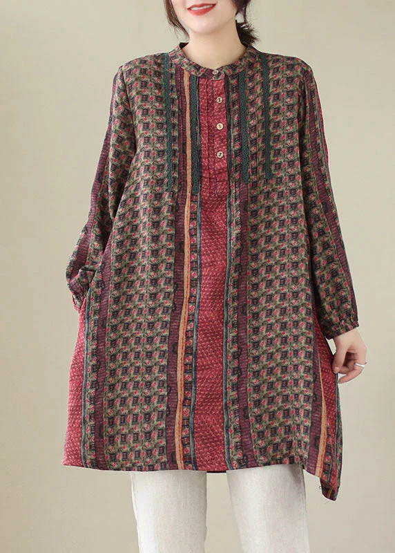 fitted dressHandmade Red Wrinkled Print Cotton Mid Shirts Dress Spring