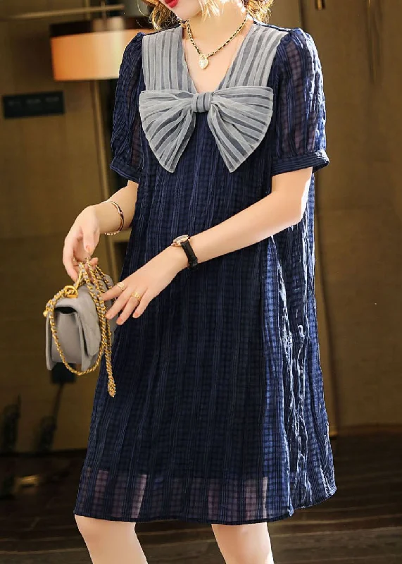 spaghetti strap dressFashion Blue Bow Patchwork Chiffon Mid Dress Summer