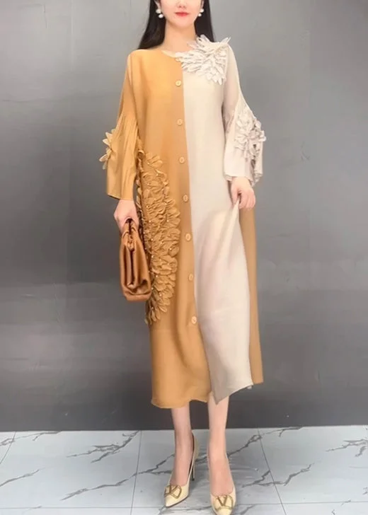 Price Drop summer dressClassy Yellow Floral Button Patchwork Silk Dress Fall