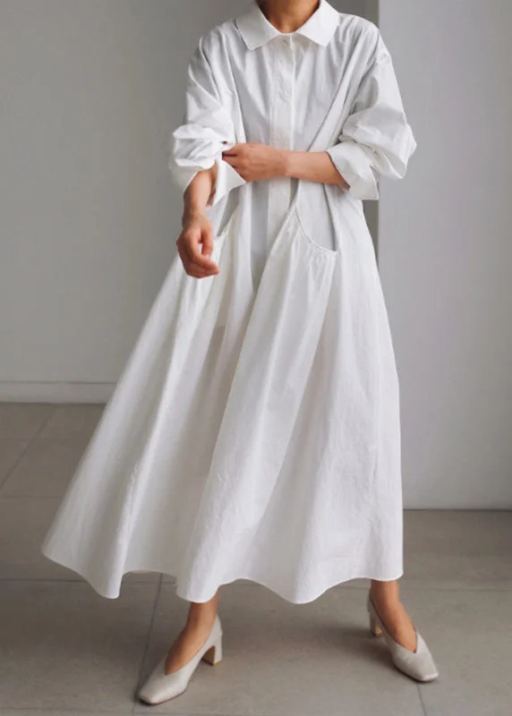 Markdowns layered dressClassy White Peter Pan Collar Cotton Button Pockets Maxi Dress Long Sleeve Markdowns layered dressClassy White Peter Pan Collar Cotton Button Pockets Maxi Dress Long Sleeve