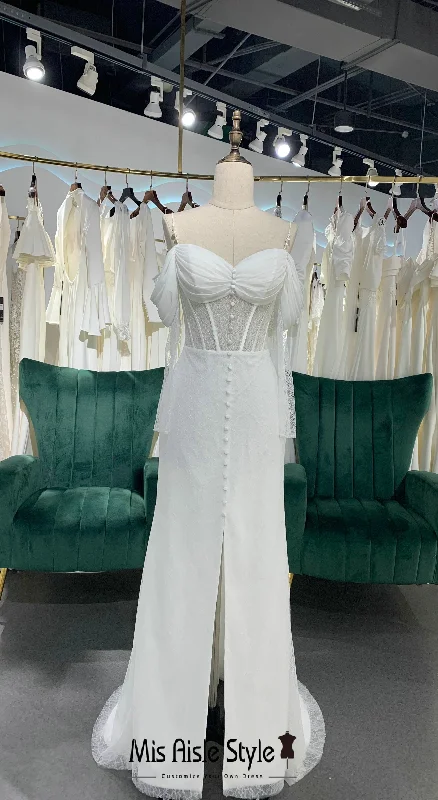 Fantastic Deals casual slip dressFit and Flare Long Sleeve Sheer Lace Boho Wedding Dress