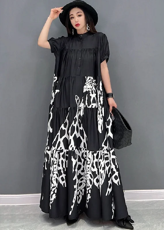 Fantastic Offers minimalistic dressFrench Black Stand Collar Print Wrinkled Shirt Dresses Short Sleeve