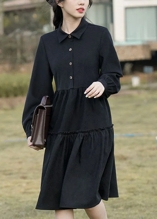 Super Sale off-shoulder dressDiy Black Peter Pan Collar Patchwork Corduroy Vacation Dresses Long Sleeve