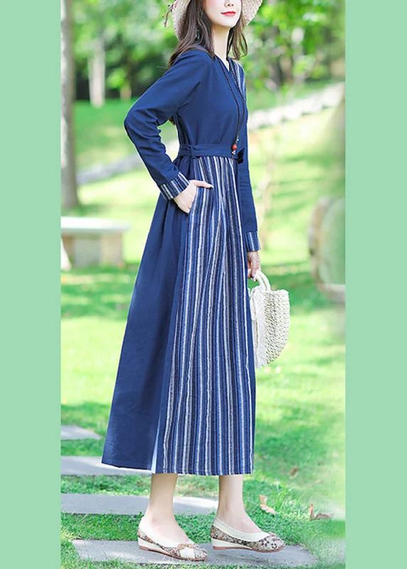 Low Prices tiered dressSexy Blue V Neck Striped Patchwork Linen Long Dress Spring