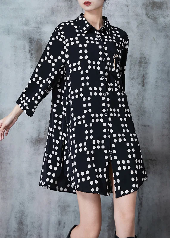 Special Price chic slip dressFitted Black Dot Tasseled Cotton Long Shirt Summer