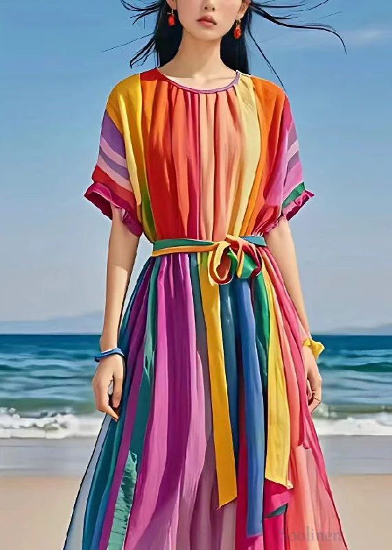 Can't Miss boho dressBohemian Rainbow O Neck Tie Waist Holiday Dress Summer