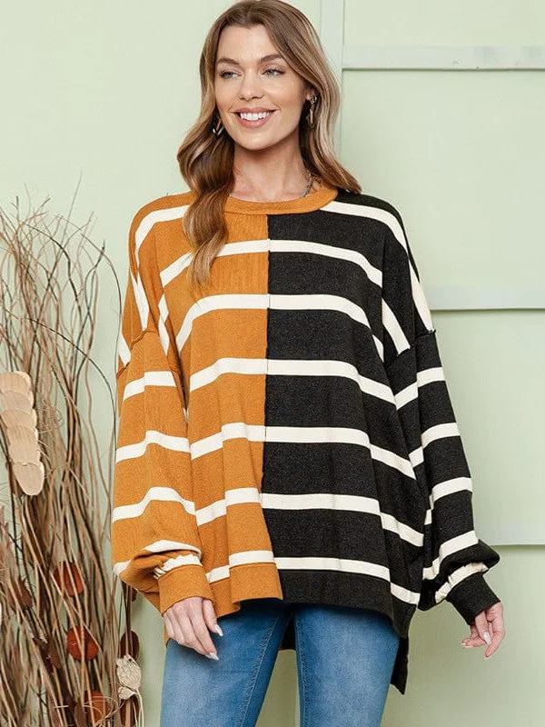 Crazy Deals Striped Mid-Length Sweatshirt With Loose Contrast Color Style And Long Sleeves For Women