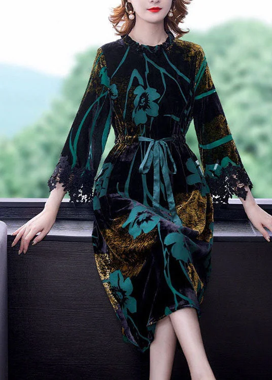 Hot Deal statement dressFashion Green Cinched Jacquard Silk Velour Long Dress Spring
