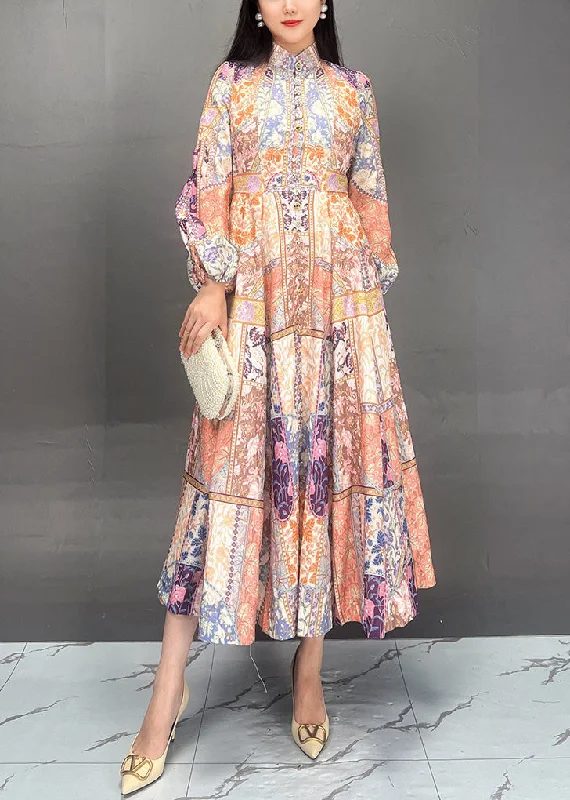 Exclusive Access satin dressBohemian Stand Collar Print Cotton Long Dress Fall