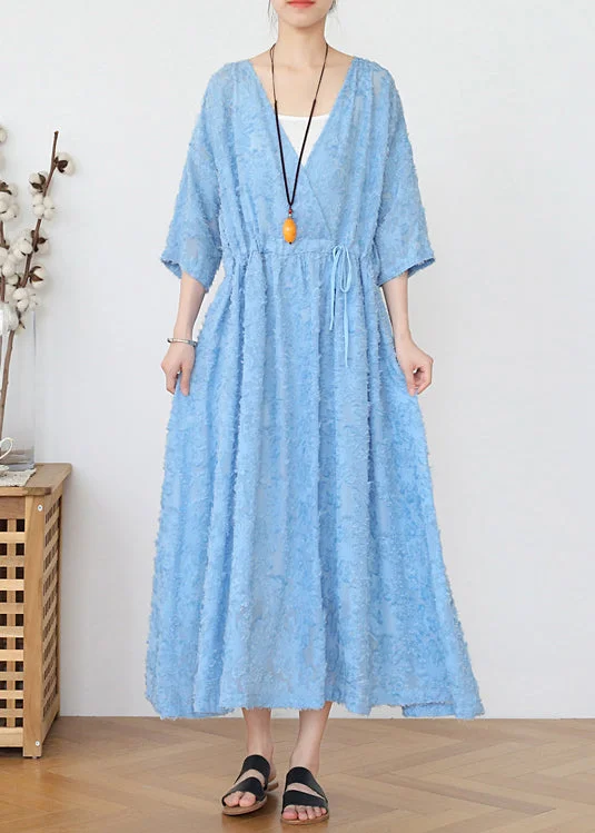 Lowest Price casual knit dressClassy Blue V Neck Cinched Hollow Out Chiffon Maxi Dress Long Sleeve