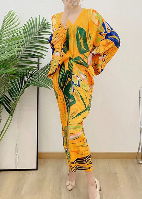 Price Cut pleated maxi dressSlim Fit Yellow V Neck Print Wrinkled Dresses Long Sleeve Price Cut pleated maxi dressSlim Fit Yellow V Neck Print Wrinkled Dresses Long Sleeve