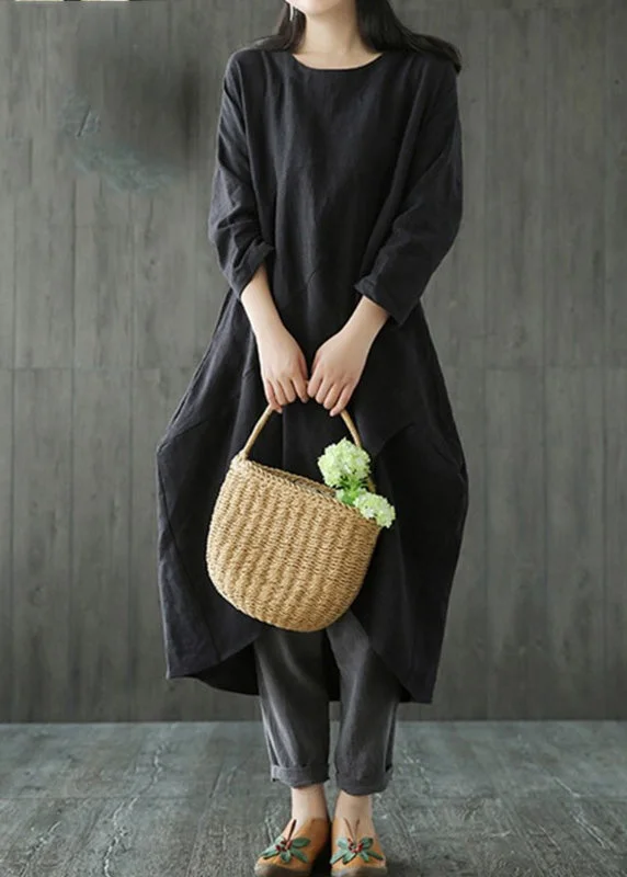 Today's Special off-shoulder dressBlack O-Neck Asymmetrical Linen Long Dress Long Sleeve