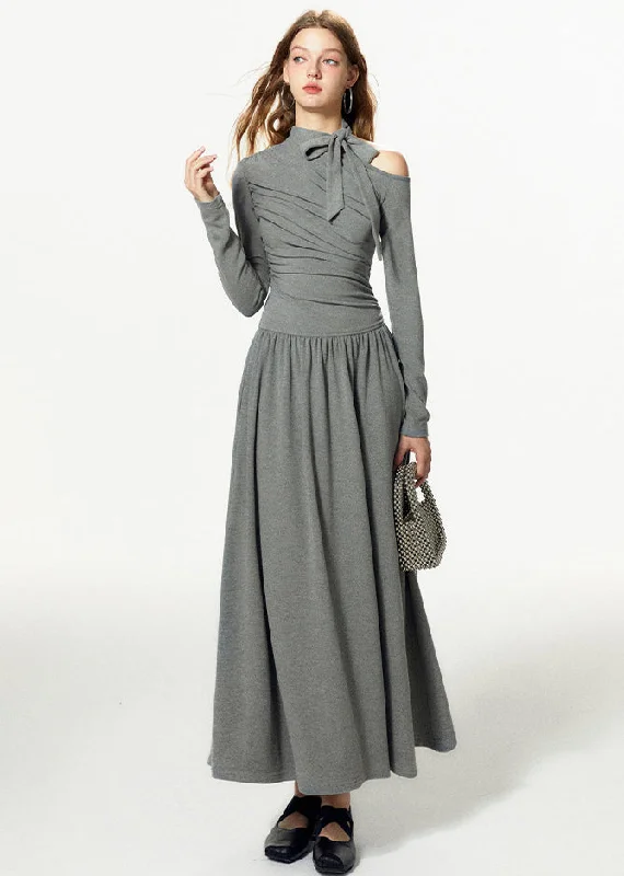 Online Only ashionable dressFrench Grey Cold Shoulder Bow Cotton Long Dress Fall