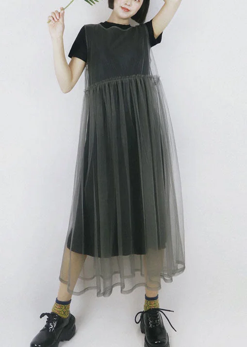 Markdowns chic shift dressModern Solid Color Grey O-Neck Patchwork Tulle Dress Long Smock Sleeveless