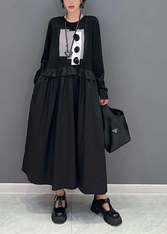 New Markdowns elegant shift dressDIY Black Oversized Patchwork Ruffled Cotton Dress Spring