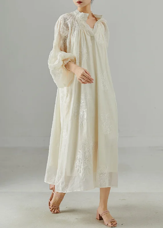 Hot Deal formal dressFrench Milk White Embroidered Silk Dresses Lantern Sleeve
