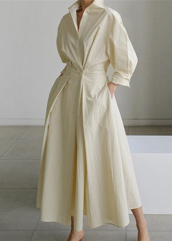 Stock Clearance casual day dress2024 Beige Peter Pan Collar Pockets Cotton Dress Long Sleeve Stock Clearance casual day dress2024 Beige Peter Pan Collar Pockets Cotton Dress Long Sleeve