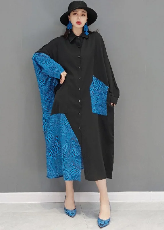 Overstock Sale layered dressFrench Black Blue Peter Pan Collar Pockets Patchwork Cotton Loose Shirt Dresses Long Sleeve