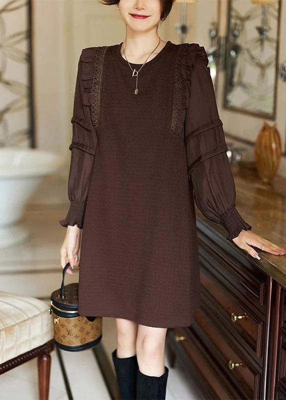 lace-up dressElegant Coffee O-Neck Ruffled Patchwork Cotton Dresses Spring