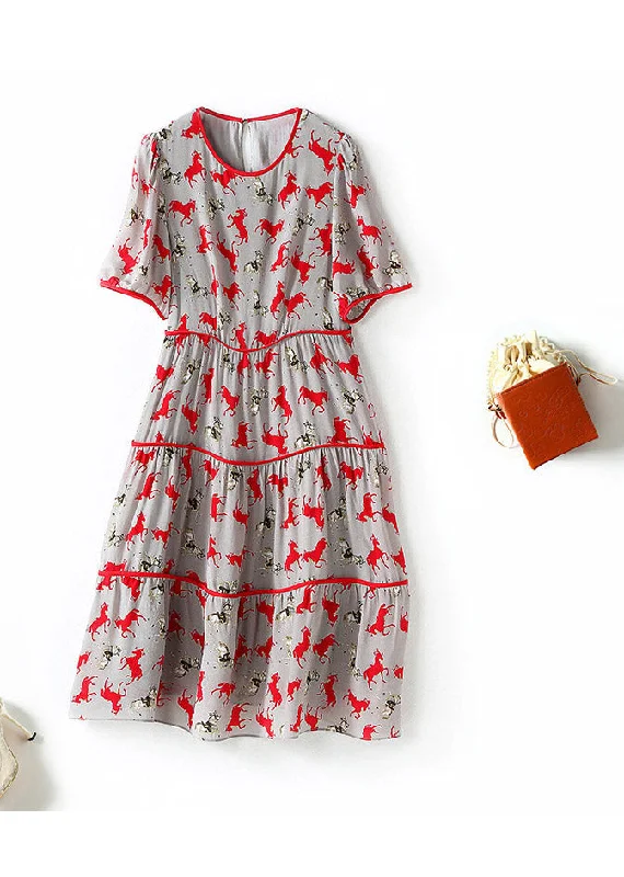 vintage-inspired dressRetro O-Neck Print Patchwork Wrinkled Silk Mid Dress Short Sleeve