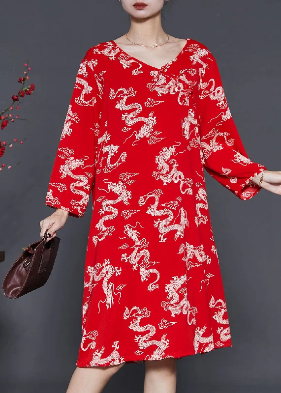 Buy More, Save More casual midi dressRed Dragon Print Cotton Dresses Chinese Button Summer Buy More, Save More casual midi dressRed Dragon Print Cotton Dresses Chinese Button Summer