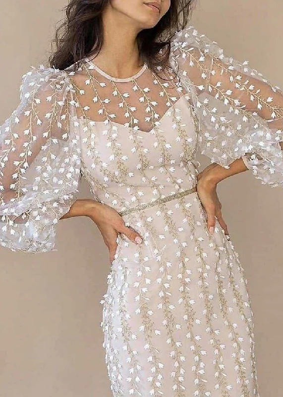 Weekend Flash Sale elegant dressFine White Embroidered Tulle Dress Lantern Sleeve