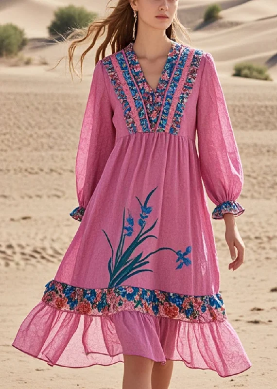 chic shift dressChic Pink Ruffled Patchwork Cotton Tea Dress Spring