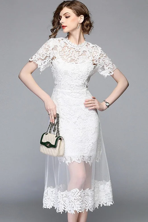 flowy evening dressWhite Lace Dress W/ Mesh Overlay