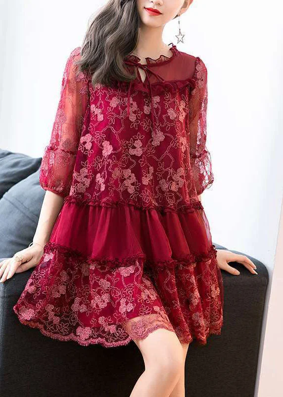 wrap dressItalian Mulberry Embroideried Ruffled Patchwork Tulle Dress Half Sleeve