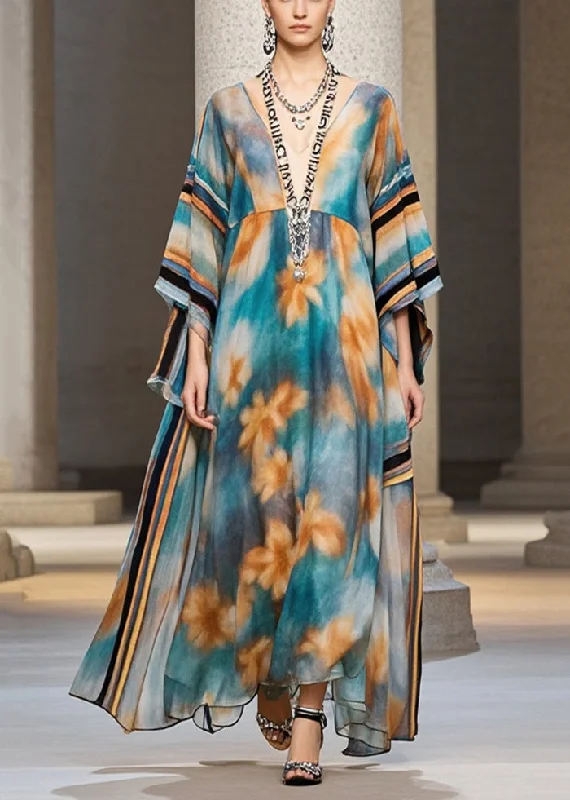 Must-Have Deals backless dressUnique Blue Oversized Print Chiffon Maxi Dresses Batwing Sleeve