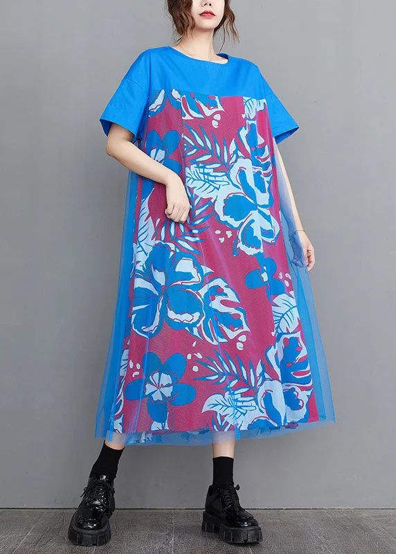 Price Drop playful dressHandmade Blue O-Neck Tulle Patchwork Print Cotton A Line Dress Short Sleeve