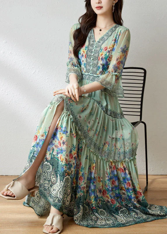 Season Finale Sale pleated maxi dressArt Light Green V Neck Ruffled Print Silk Long Dress Flare Sleeve