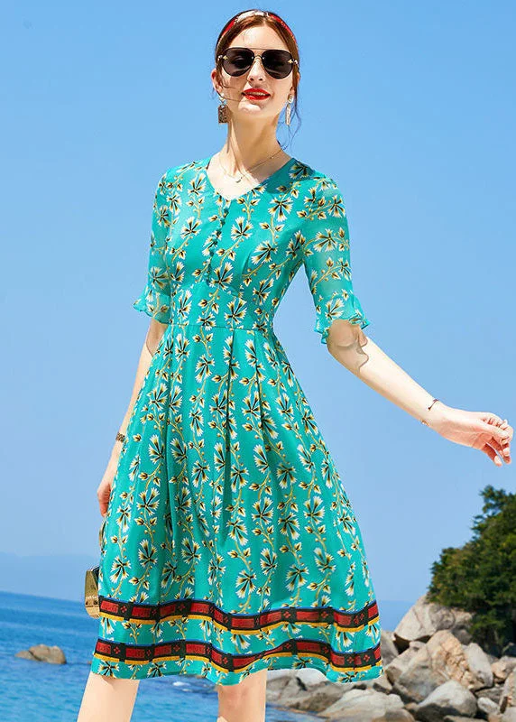 boho-chic dressCasual Peacock Green V Neck Print Elastic Waist Silk Dress Short Sleeve