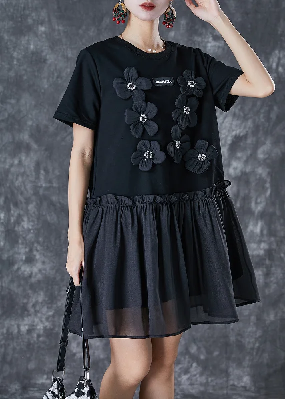 lace-up dressHandmade Black Stereoscopic Flower Patchwork Cotton Dresses Summer