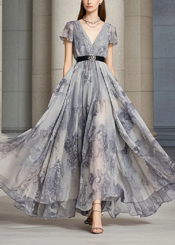 Super Deal sleeveless dressFrench Grey Cinched Exra Large Hem Chiffon Party Dresses Summer
