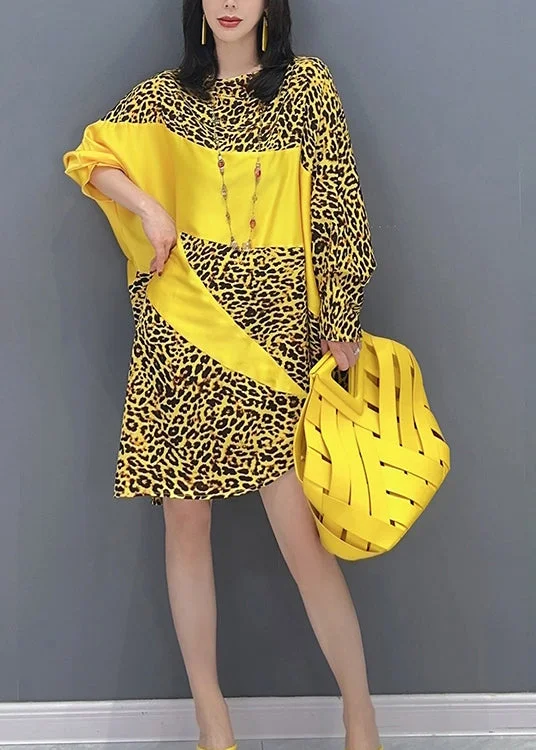 Deal Alert romantic dressYellow Leopard Patchwork Long Dresses Long Sleeve