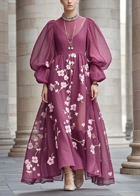 Major Savings casual slip dressFrench Purple Print Exra Large Hem Chiffon Long Dress Fall