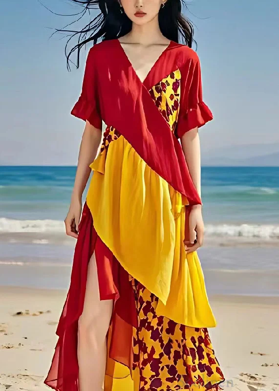 Deal Dash casual midi dressElegant Red V Neck Print Side Open Cotton Dress Summer
