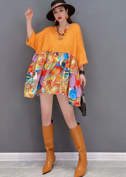 trendy dressModern Orange O-Neck Patchwork Print Loose Mid Dress Bracelet Sleeve