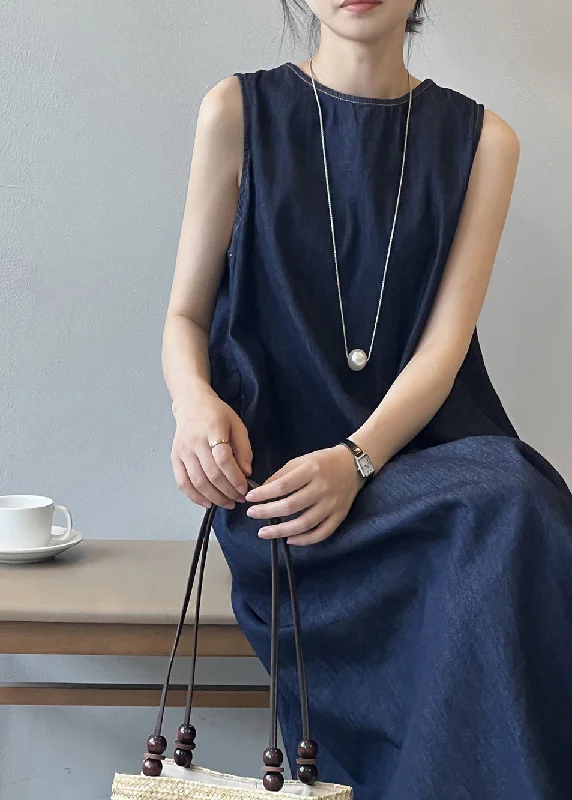 sophisticated dressFrench Navy O Neck Pockets Denim Long Dress Sleeveless