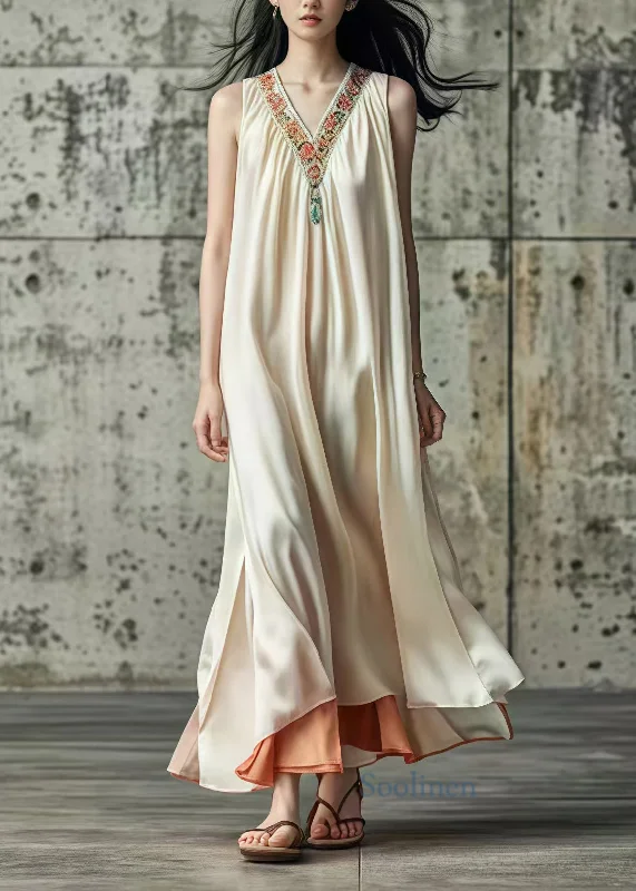 Price Meltdown boho-chic dressElegant Beige V Neck Patchwork Silk Long Dress Sleeveless Price Meltdown boho-chic dressElegant Beige V Neck Patchwork Silk Long Dress Sleeveless