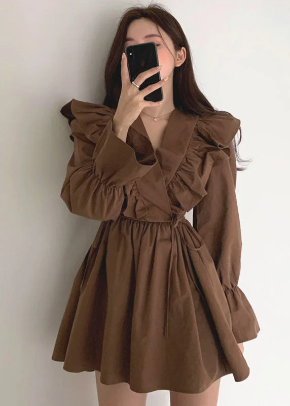 floral wrap dressModern Chocolate V Neck Ruffles Tie Waist Cotton Vacation Dress Spring