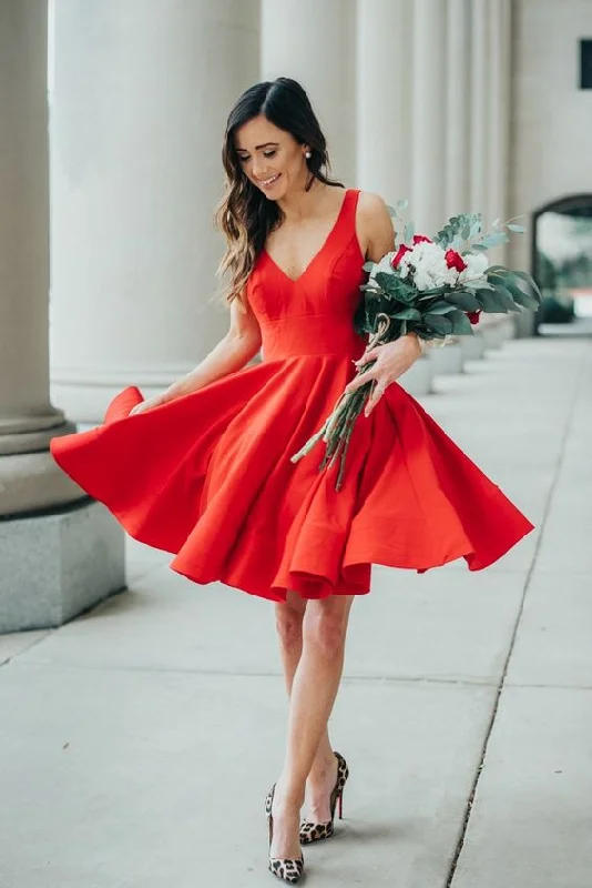Deal Zone A-line dressSimple Knee Length V-neckline Red Wedding Guest Dress