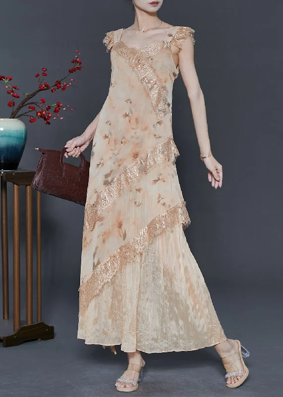 romantic dressStylish Apricot Print Patchwork Lace Holiday Dress Summer