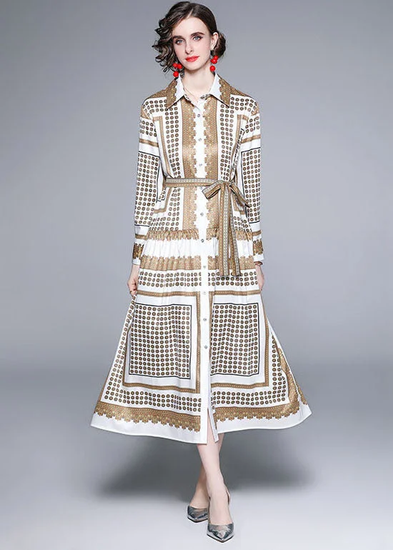Stock Clearance satin dressFrench Golden Peter Pan Collar Print Silk Maxi Dresses Fall