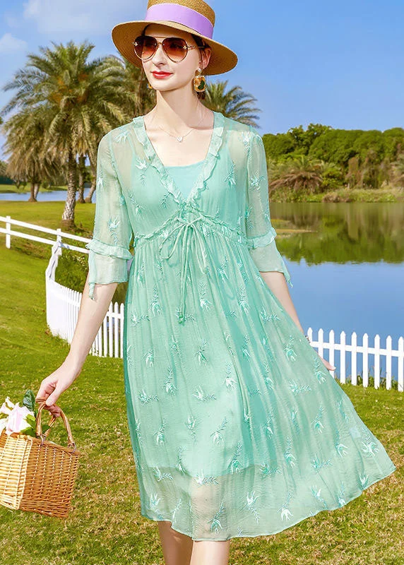 printed dressFashion Light Green Embroideried Patchwork Tie Waist Silk Dresses Half Sleeve