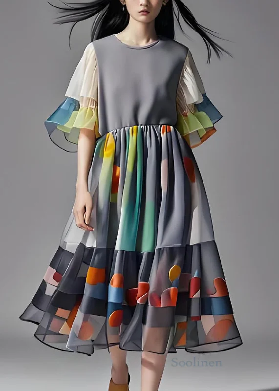 One-DAY Sale flowy dressPlus Size Grey Print Wrinkled Patchwork Chiffon Long Dress Summer One-DAY Sale flowy dressPlus Size Grey Print Wrinkled Patchwork Chiffon Long Dress Summer