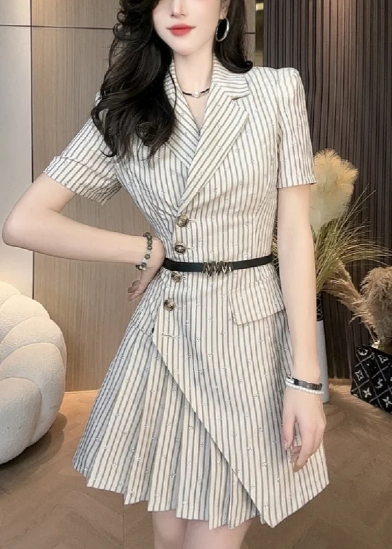 Act Now romantic dressFrench Khaki Striped Asymmetrical Cotton Mid Dress Summer
